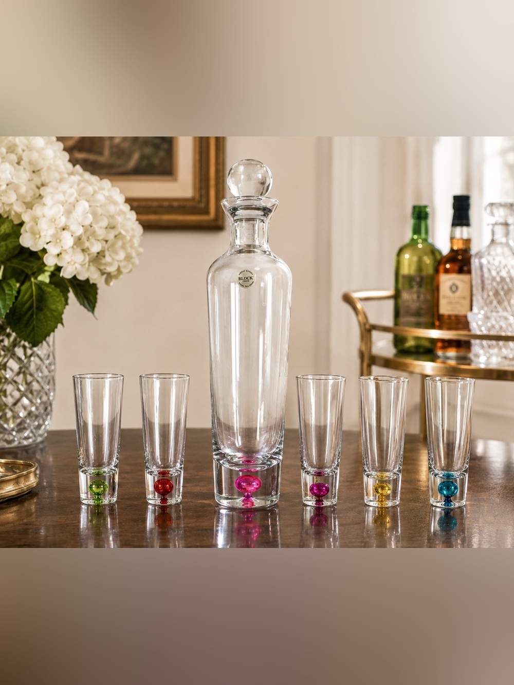Vintage Block Crystal Glass Decanter Set Colorful Accents 5 cordial shot glasses